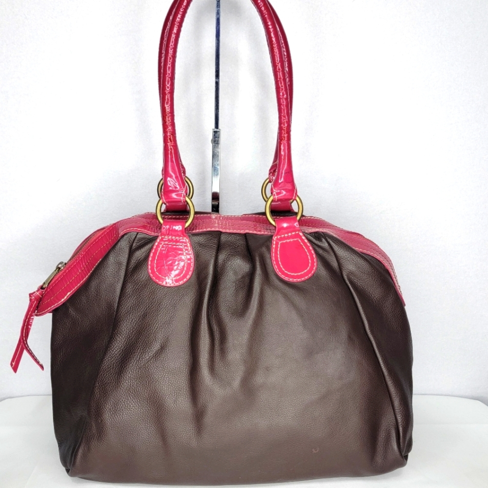 BODEN Genuine Leather‎ Brown w/ Fuschia Trim Leather Handbag. P138